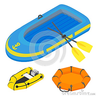 Inflatable boat icons set, isometric style Vector Illustration