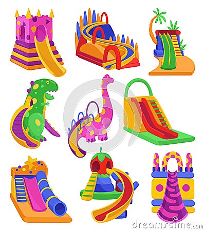 Inflatable bouncy slide icon set. Bright and fun playground for childhood activity in the park. Summer amusement Cartoon Illustration