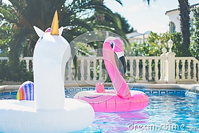 Inflatable colorful white unicorn and pink flamingo at the swim pool. Holidays week in the swimming pool with plastic Stock Photo