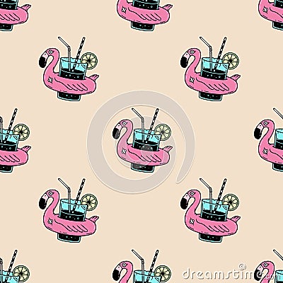 INFLATABLE FLAMINGO WITH COCKTAIL SEAMLESS PATTERN COLOR Vector Illustration