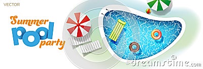 Inflatable mattress ball and pool rings in swimming pool sunbed umbrella. Summer pool party vector Vector Illustration