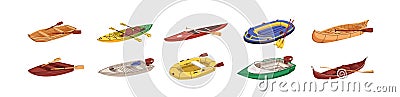 Inflatable, motor speed, rafting, kayaking sport boats. Wooden and plastic water vessels with paddles, lake transport of Vector Illustration