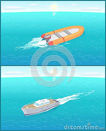 Inflatable Rescue Boat Sailing in Deep Blue Waters Vector Illustration