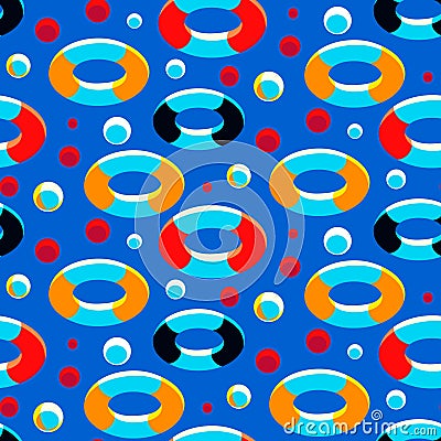 Inflatable ring lifebuoys and balls seamless pattern vector illustration. Summer holiday bright background Vector Illustration