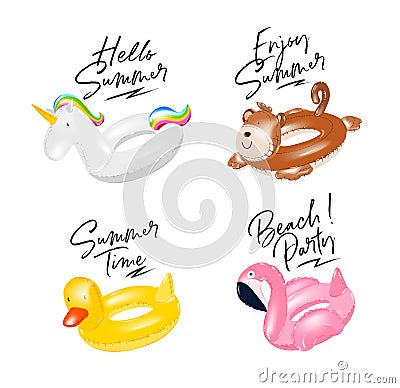 Inflatable ring unicorn, monkey, duck, flamingo Vector Illustration