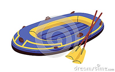 Inflatable rubber boat with oars. Water transport, rowing vessel with paddles. Rafting vehicle for recreation, leisure Vector Illustration