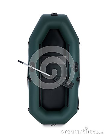 Inflatable rubber fishing boat with aluminium oar and seats isolated on white Stock Photo