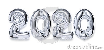 2020 inflatable silvery numbers with shadow on white isolated background. New year winter decoration, holiday symbol, party item, Stock Photo