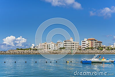 Inflatable slide for water sports, jet ski and motor boating in the Hamakawa fishing port in the vicinity of the American Village Editorial Stock Photo