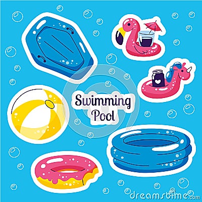 Inflatable swimming float stiskers. Cute water toys flamingo, ball, unicorn floats. Beach party vector summer stickers Vector Illustration