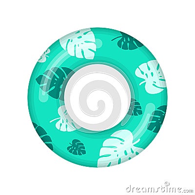 Inflatable swimming ring with tropical liaves isolated on white background, Rubber float pool lifesaver ring, buoy Vector Illustration