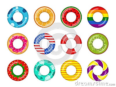 Inflatable swimming rings colorful set isolated on white background, Rubber float pool lifesaver ring with fruits and Vector Illustration