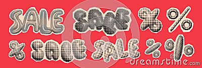 Inflated bubble Sale trendy halftone icons, collage of vintage 90s style of paper magazine clippings Vector Illustration