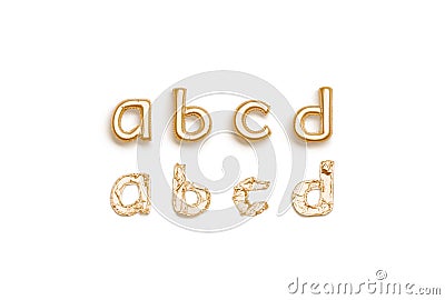 Inflated, deflated gold a b c d letters, balloon font Stock Photo