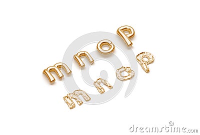 Inflated, deflated gold m n o p letters, balloon font Stock Photo