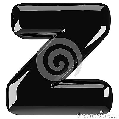 Inflated glossy black letter Z uppercase illustration. 3D render of latex bubble font with glint. Graphic type, typography, ABC Cartoon Illustration