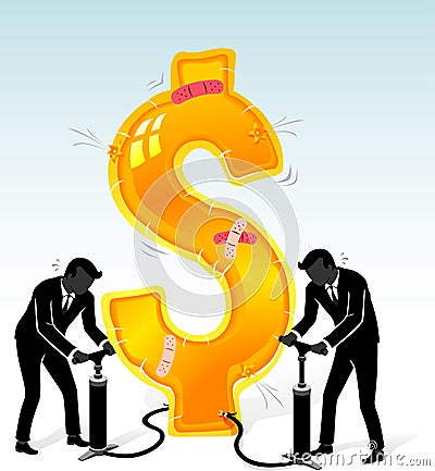 Inflating Dollar Teamwork Vector Illustration