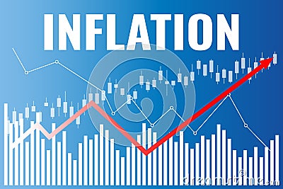 Inflation graph on blue finance background from line, charts, columns, red arrow, candlesticks Vector Illustration