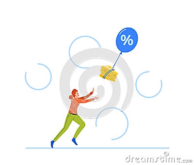 Inflation, Price Rising Up Concept, Female Consumer Character Catching Grocery Product Flying Away On Air Balloon Vector Illustration