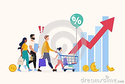 Inflation vector illustration with people carrying groceries in shopping bags and cart - prices increase and money devaluation Vector Illustration