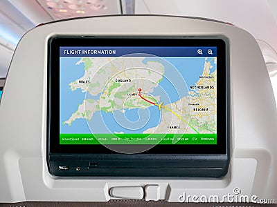 Inflight Progress Map Screen, In-Flight Map Screen, Flight Screen, Flight Tracker Stock Photo