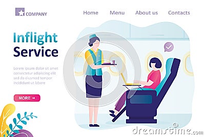 Inflight service, landing page template. Woman communicates with cabin crew during flight. Stewardess serving girl in economy Vector Illustration