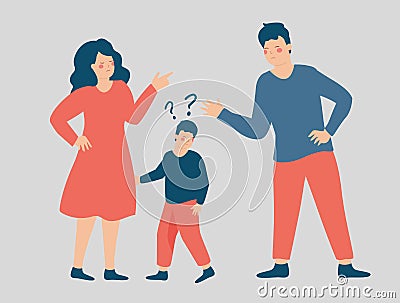 Parents argue in front of their confused child. Concept of custody battle Vector Illustration