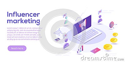 Influencer marketing isometric vector illustration. Blog advertising goods via internet social media. Website or blog ad Vector Illustration