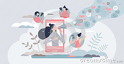 Influencer marketing with product popularization content tiny person concept Vector Illustration