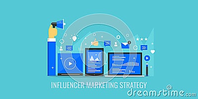 Influencer marketing, social media networking, communication, digital content marketing concept. Flat design vector banner. Vector Illustration