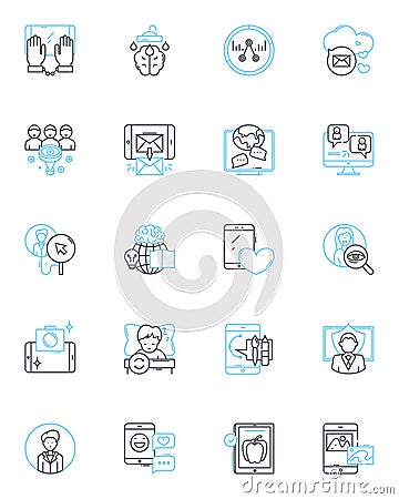 Influencer outreach linear icons set. Influence, Socialmedia, Outreach, Engagement, Relationship, Brand, Marketing line Vector Illustration