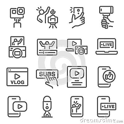 Influencer Vlog icon set vector illustration. Contains such icon as Micro influencer, Social media, Selfie, Live, Creator and more Vector Illustration