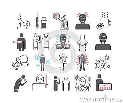 Influenza. Flu Symptom icons set. Vector signs for web graphics. Vector Illustration