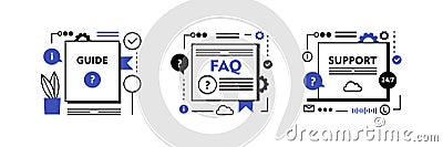 Info center, customer online communication web icons set. Helpdesk, clients assistance, helpful information. Guides, FAQ, support Vector Illustration