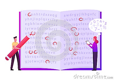 Info Encryption, Coding. Tiny Male Female Characters Stand at Huge Open Book with Text, Man Highlighting Letters Vector Illustration