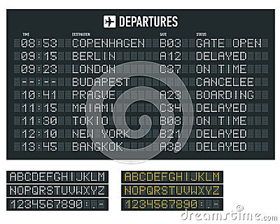 Info of flight on the billboard in the airport. Airport terminal arrival and departure timetable, information board Vector Illustration