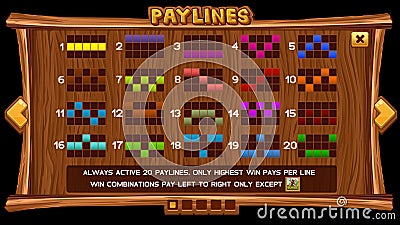 Info screen for slot game on wooden background Vector Illustration