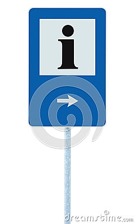 Info sign in blue, black i letter icon, white frame, right hand pointing arrow, isolated roadside information signage on pole post Stock Photo