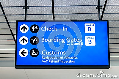 Info sign at international airport - Directions for check-in and gates Stock Photo