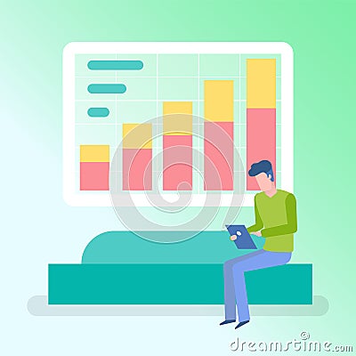 Infochart Business Stats and Analysis, Man Working Vector Illustration