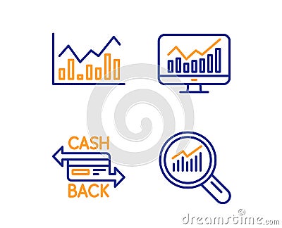 Infochart, Cashback card and Statistics icons set. Data analysis sign. Vector Vector Illustration