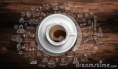 Infograph background template with a fresh coffee on real wooden table Stock Photo