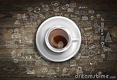 Infograph background template with a fresh coffee on real wooden table Stock Photo