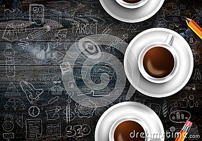 Infograph background template with a fresh coffee on real wooden table Stock Photo