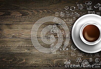 Infograph background template with a fresh coffee on real wooden table Stock Photo