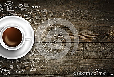 Infograph background template with a fresh coffee on real wooden table Stock Photo