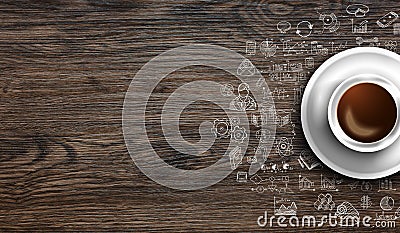 Infograph background template with a fresh coffee on real wooden table Stock Photo