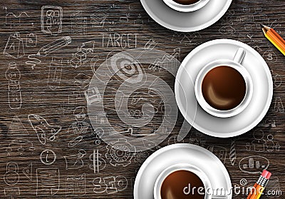 Infograph background template with a fresh coffee on real wooden table Stock Photo