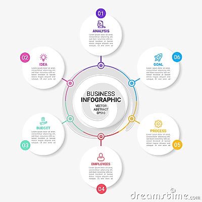 Infograph elements. Circle chart. 6 steps of business work process. Flowchart diagram. Graph icons for presentation Vector Illustration
