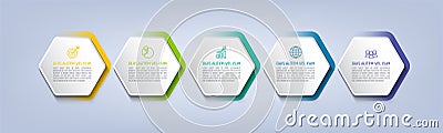 Business infographic template with step or option design. Infographics five options. Diagram with hexagons. Vector Illustration